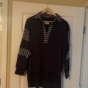 Umgee Black Top with Floral and Striped Accents